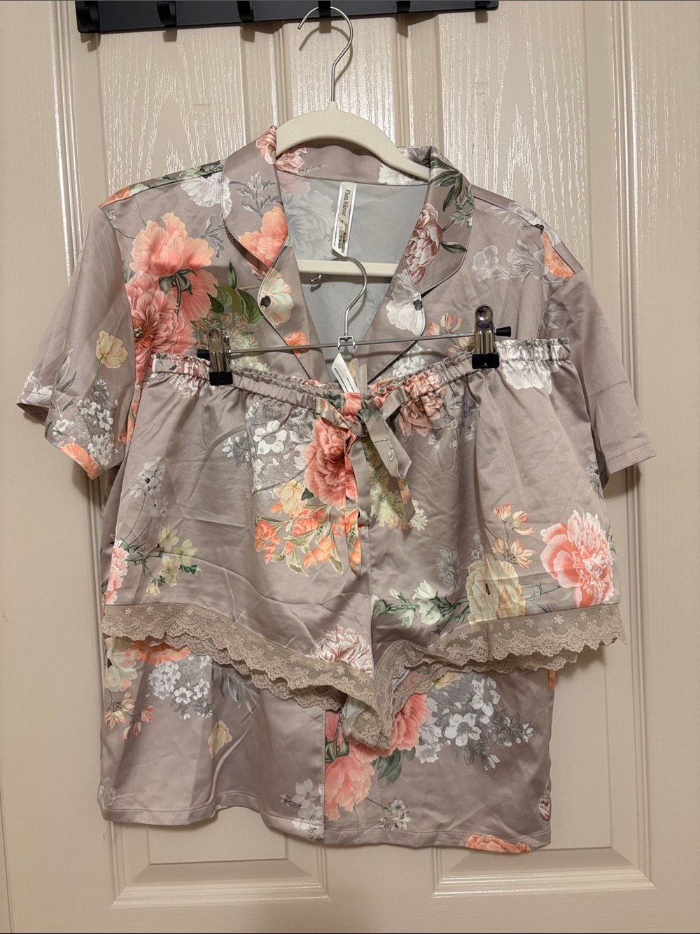 Flora Nikrooz Taupe Floral Satin Short Pajama Set with Peach Blooms